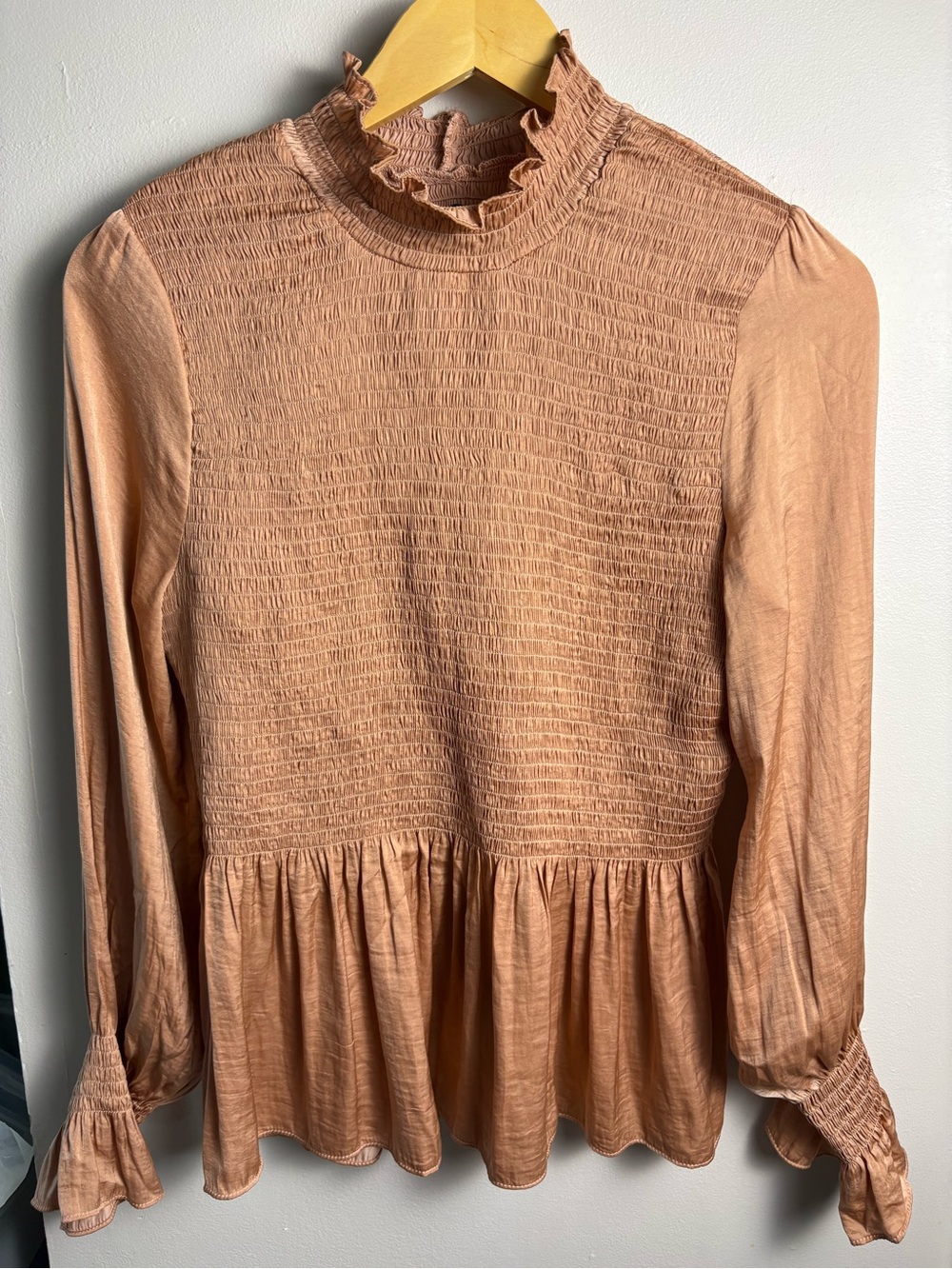 Vici Light Brown Smocked Ruffle Neck Peplum Satin Blouse Medium